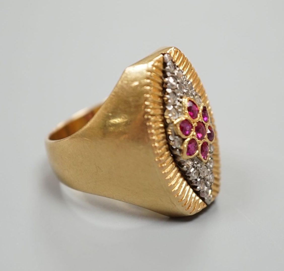A French yellow metal (18ct poincon mark), ruby and rose cut diamond cluster set marquise shaped dress ring, size M, gross weight 11.3 grams.